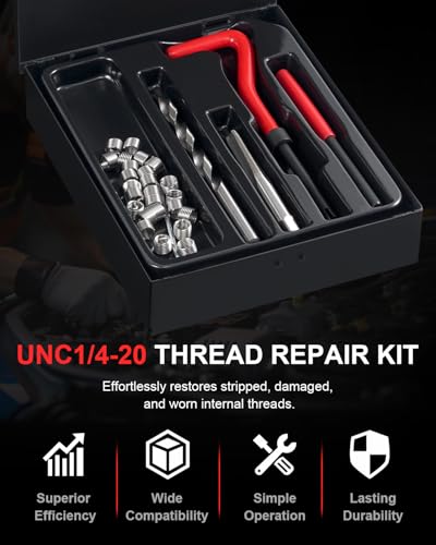 Kolvoii 1/4"-20 Helicoil Thread Repair Kit, SAE UNC 1/4 Inch Standard Helicoil kit with HSS Drill Bit, Tap & Stainless Steel Inserts for Automotive & Stripped Thread Repair - size: 1/4"-20