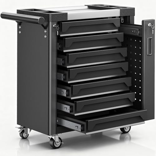 7-Drawer Rolling Tool Chest, Tool Box Lockable Metal Tool Cabinet with Side Storage Cabinet, Ball Bearing Slides Steel Organizer,Heavy-Duty Powder-Coated Tool Cart for Garage Workshope, Black - size: 7 Drawers- Black