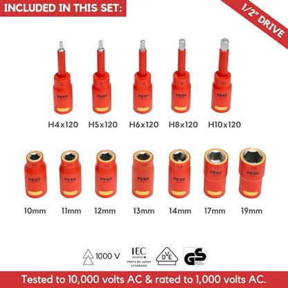 FESA 16-Piece Insulated Torque Wrench Set (1/2" Drive, 10-50 Nm Range) | with 7 Metric Sockets, 5 Hex Bit Sockets, 2 Extension Bars, T-Handle & Protective Case - style: 1/2" Drive, 10-50 Nm Wrench & Socket Set