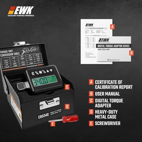 EWK 1/2-inch Drive Digital Torque Adapter 12.5–250 ft-lbs (17–340 Nm), Heavy Duty Electronic Torque Wrench Adapter for 1/2" Ratchets, LED Display and Buzzer Alert, Torque Tester and Calibration Tool