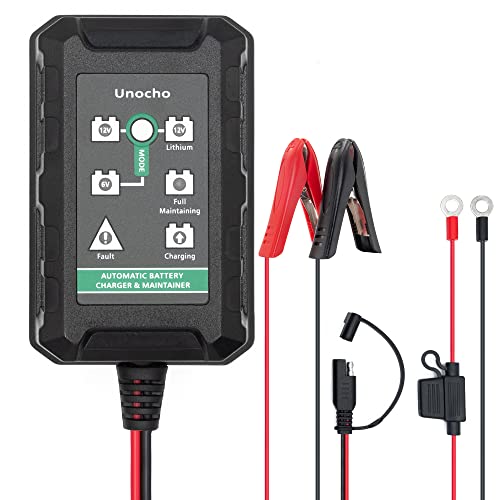 Unocho 1.5A Smart Battery Charger Maintainer for 6V 12V Lead Acid and 14.4V LiFePO4 Batteries, Automatic Trickle Float Charger with SAE Clips for Car Motorcycle Lawn Mower Boat