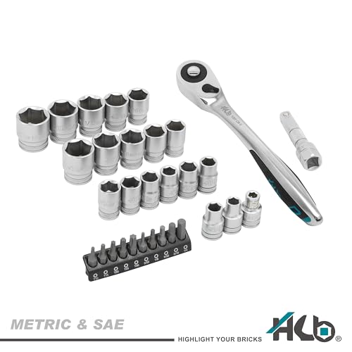 HB 32-Piece 3/8" Drive Socket Set AKX009-U, 120-Tooth Teardrop Offset Ergonomic Ratchet with Quick Release, Chrome Vanadium Steel Sockets, Micro-Chrome Finish, Portable Rack, Made in Taiwan - size: ‎32PC 3/8" DR. (120T)