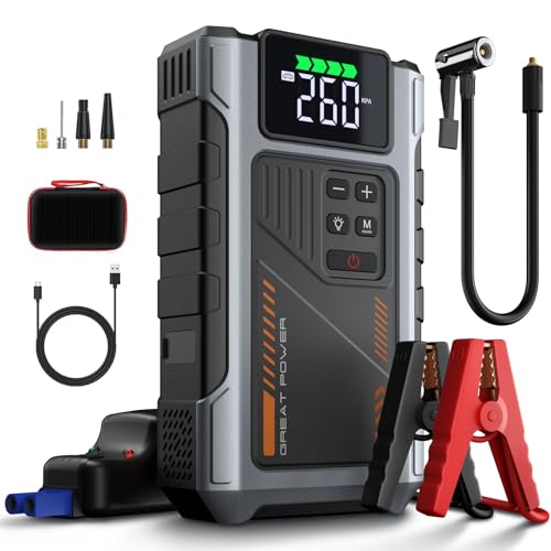 Car Battery Charger Jump Starter with Air Compressor, 4500A Jump Box for Car Battery Portable Jumper Cables with Battery Pack, 12V Jumpstart Combo 150PSI Tire Inflator Air Pump (8.5L Gas/7.0L Diesel) - color: Sliver+Black