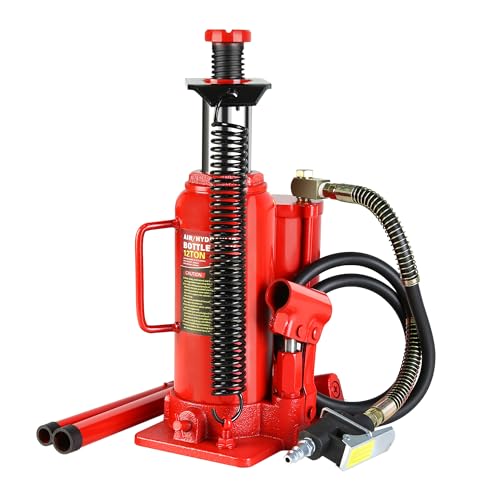 Pneumatic Air Hydraulic Bottle Jack, 12 Ton//24,000 LBS All Welded Bottle Jack, 10.2-20.1 inch Lifting Range, with Manual Hand Pump & Handle,Heavy Duty Auto Truck Travel Trailer Repair Lift - color: Red, size: 12Ton