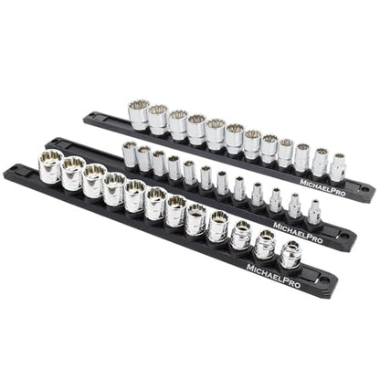 MichaelPro 3-Piece Quick Lock Magnetic Socket Organizer Rail Set- 1/4-inch, 3/8-Inch, and 1/2-Inch Drive Tool Socket Organizers, Hold 36 Sockets, Heavy Duty Aluminum Magnetic Socket Storage | MP014040 - style: Magnetic with Lock Function
