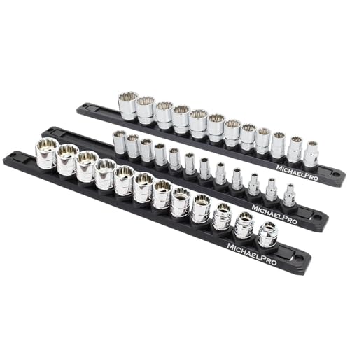 MichaelPro 3-Piece Quick Lock Magnetic Socket Organizer Rail Set- 1/4-inch, 3/8-Inch, and 1/2-Inch Drive Tool Socket Organizers, Hold 36 Sockets, Heavy Duty Aluminum Magnetic Socket Storage | MP014040 - style: Magnetic with Lock Function