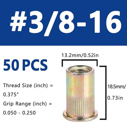 3/8''-16 UNC Rivet Nut, 50Pcs Zinc Plated Finish Carbon Steel Flat Head Threaded Insert Nutsert Kit - color: Yellow, size: 3/8''-16