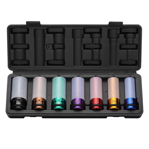 CASOMAN 7PCS 1/2" Drive Deep Lug Nut Impact Socket Set, Non-marring & Thin Wall Wheel Protector, Color-Coded, 85mm Length, 6 Point, Metric, CR-MO