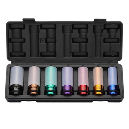 CASOMAN 7PCS 1/2" Drive Deep Lug Nut Impact Socket Set, Non-marring & Thin Wall Wheel Protector, Color-Coded, 85mm Length, 6 Point, Metric, CR-MO