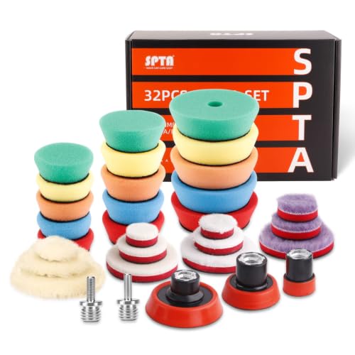 SPTA 32 Pcs Mini Car Polishing Pad Kit - 1", 2", 3" Sponge Foam Wool Microfiber Buffing Pads with 5/8“-11 Backing Plates & 5/8"-11 Drill Adapters for Auto Detailer, Scratch Removal & Tight Spaces - color: 32pcs
