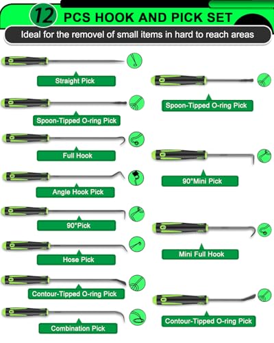 12 Pcs Pick Set Mechanic, Hook and Pick Tool Set with Non-Slip Grip, Long and Short Automotive Pick Set for Oil Seal, O-Ring and Gasket Removal, Car Repair, Mechanical and DIY Use, Black/Green - color: Black/Green
