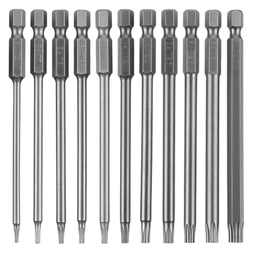 11 Pcs Security Torx Bit Set Tamper Proof Torx Bit Set, Magnetic Star Screwdriver Bits Sets, S2 Steel 1/4 Hex Shank Torque Security Bits T6-T40, 4 Inch Length for Deeper Work