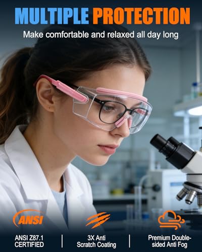 Safety Glasses Over Eyeglasses — ANSI Z87.1 Certified Clear Safety Goggles with UV380 Anti-Fog & Scratch Wraparound Lenses & Adjustable Temples — Ideal for Chemistry Lab Work & Industrial Use - color: Light Pink