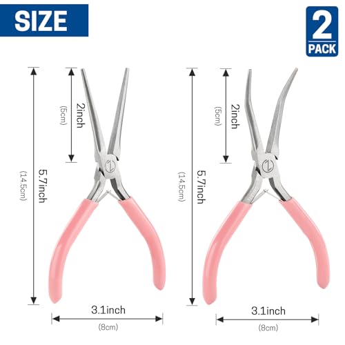 VISEMAN 6" Mini Needle Nose Pliers, 2PCS Pink Long Nose Pliers Set | with Comfort Handles for Handmade Craft - style: Pink (Straight + 45-Degree Bent)