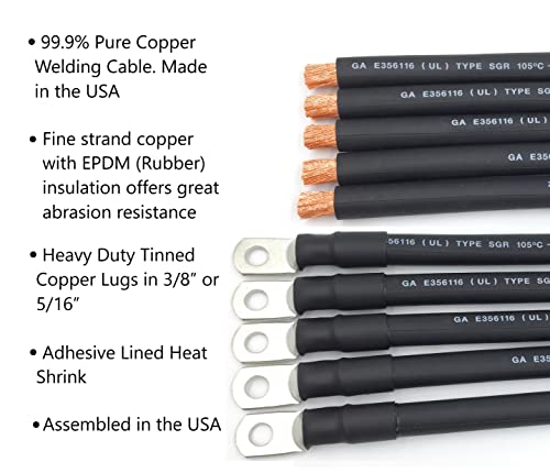 2 AWG Gauge Premium Battery Cables, Made in the USA, Positive or Negative, Red or Black, Replacement Battery Cables for Car, Truck, RV, Solar (4ft - 3/8" Lugs, Black) - size: 4ft - 3/8" Lugs, style: Black