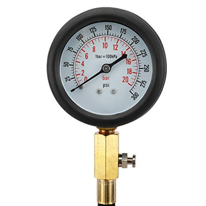 Compression Gauge Test Set for Engine Cylinders, Diagnostic Tester with 4 Long Reach Hoses M10 M12 M14 0-300 PSI