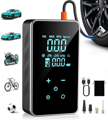 Tire Inflator Portable Air Compressor, 150 PSI Cordless Air Pump for Car Tires, Bike Pump with Tire Pressure Gauge, LED Light, Digital Touch Screen for Car, Motorcycle, Bicycle, Balls