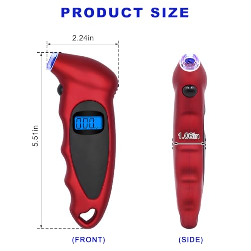 Digital Tire Pressure Gauge, 150PSI 4 Settings High Accuracy Tire Gauge with Backlit LCD and Non-Slip Grip, Easy to Read Air Pressure Gauge for Cars, Trucks and Bicycles (Red) - color: Red