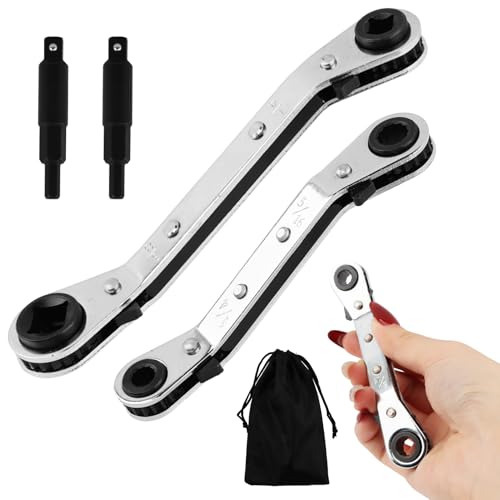 2Pcs HVAC Service Wrench Set, Air Conditioner Valve Ratchet Wrench 3/16” to 3/8” 5/16'' x 1/4'' with 2 Hexagon Bit Adapter Kit, for Air Refrigeration and Equipment Repair Tools