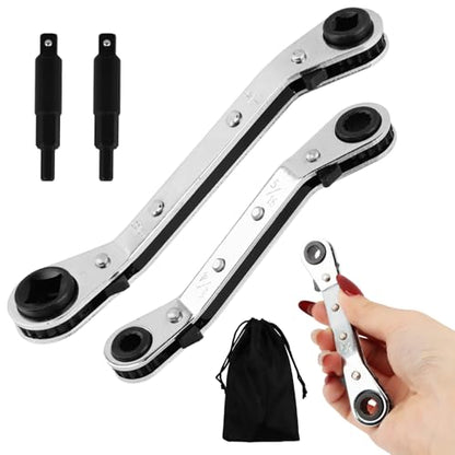 2Pcs HVAC Service Wrench Set, Air Conditioner Valve Ratchet Wrench 3/16” to 3/8” 5/16'' x 1/4'' with 2 Hexagon Bit Adapter Kit, for Air Refrigeration and Equipment Repair Tools
