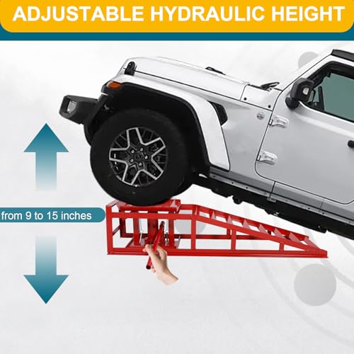 2 Pcs Hydraulic Car Ramps, 5 Ton Heavy Duty Steel Car Lift Ramps with Hydraulic Jack for Oil Changes & Truck Repair, 9" - 15" High Lift, Low Profile Vehicle Lift Service Ramps Truck Trailer（Red） - color: Red(short Style)