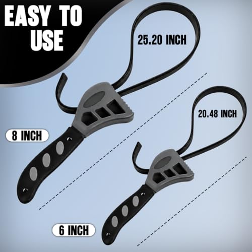 2-Pack Adjustable Rubber Strap Wrench Set – Heavy-Duty Oil Filter Wrench, 6 inch & 8 inch Diameter, Non-Slip Belt Wrench for Jar Opener, Water Filter, Plumbing, Sink, Faucet Repair Tool (Gray)