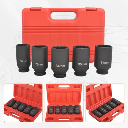 SSN 1/2 Inch Impact Socket Set Heavy Duty Drive Impact Socket Set 12 Point Metric 30mm 32mm 34mm 35mm 36mm Axle Nut Socket Set with Portable Case (5PCS) - color: 30-36mm(5pcs)