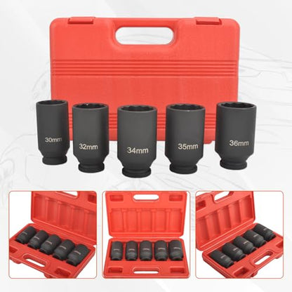 SSN 1/2 Inch Impact Socket Set Heavy Duty Drive Impact Socket Set 12 Point Metric 30mm 32mm 34mm 35mm 36mm Axle Nut Socket Set with Portable Case (5PCS) - color: 30-36mm(5pcs)