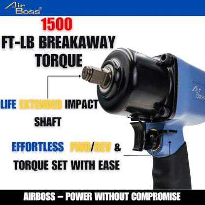 Airboss AW-141P 1/2" Air Impact Wrench, 1,620 ft-lbs Max Torque, Twin Hammer, Magnesium Alloy, High Torque 1/2 Impact Wrench for Lug Nuts, Tire Shop, Automotive Repair & General Fastening - size: extra torgue