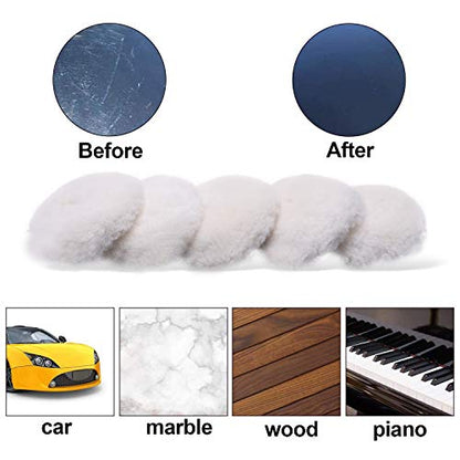 Wool Cutting Pad, Wool Buffing Polishing Pad Set, SPTA 7Pcs 3Inch (80mm) Buffing Wheel for Drill Lambs Wool Hook and Loop for Compound Cutting & Polishing for Car Polisher