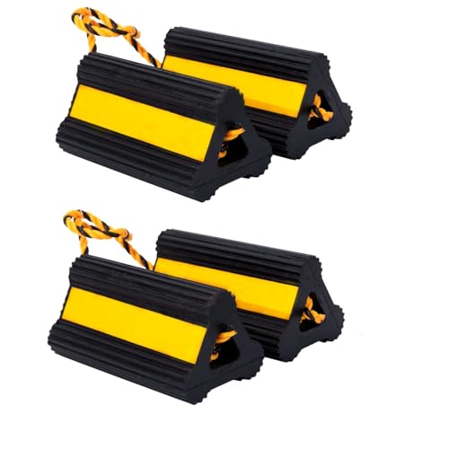 Wheel Chock Heavy Duty Rubber Trailer Wheel Chocks with Yellow Reflective Visibility Tape and Yellow Nylon Rope for Concrete Slopes or Ground Leveling (4 Pack) - color: yellow-4