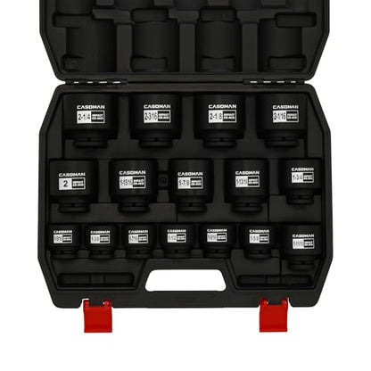 CASOMAN 16PCS 1/2" Drive Shallow Spindle Axle Nut Impact Socket Set, 6-Point, Large Socket Set, SAE(1-5/16" to 2-1/4"), CR-MO
