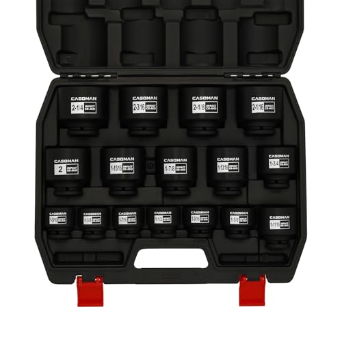 CASOMAN 16PCS 1/2" Drive Shallow Spindle Axle Nut Impact Socket Set, 6-Point, Large Socket Set, SAE(1-5/16" to 2-1/4"), CR-MO