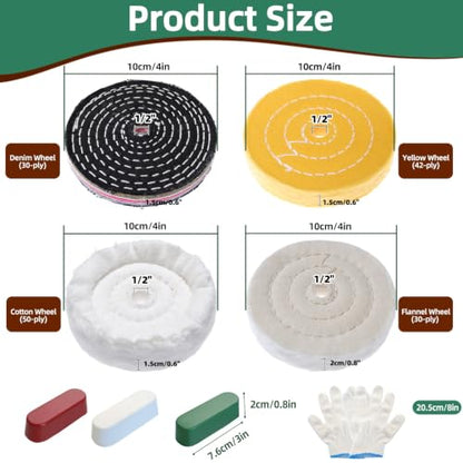 8Pcs 4 Inch Polishing Buffing Wheel Kit for Bench Grinder | 1/2" Arbor Hole Buffing Wheels with 3 Polishing Compound and Gloves for Metal,Stainless Steel,Jewelry,Wood,Glass,Ceramic ect - size: 4 Inch