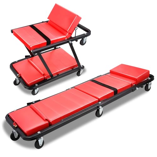 Magshion Garage Creeper Seats 48 Inch 2 in 1 Folding Rolling Mechanic Creeper Roller Seat with 7 Caster Wheels 330 lbs Capacity for Garage Shop (Red) - color: Red, size: 48"