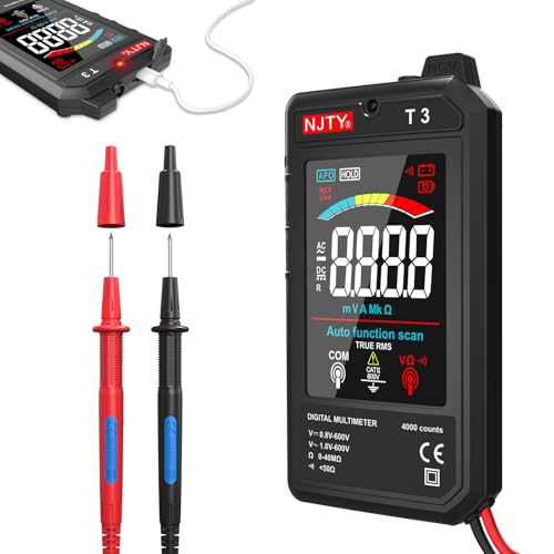 NJTY T3 Smart Digital Multimeter, Ultra-Thin Rechargeable Voltmeter with 3.2" Color LCD, Auto-Ranging 600V AC/DC Tester for Resistance NCV Live Wire Detection - color: Black