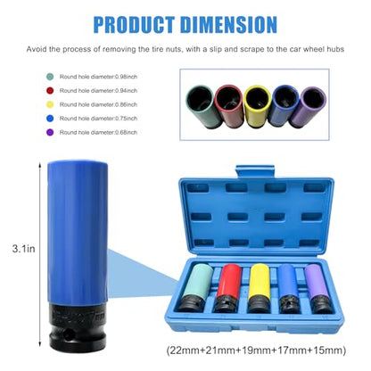 5 PCS 1/2 inch Drive Impact Lug Nut Socket Set, Metric 15 17 19 21 22 mm Wheel Rim Protectors with Plastic Sleeves, Non-Marring Lug Nut Thin Wall Deep Sockets for Tire Protection