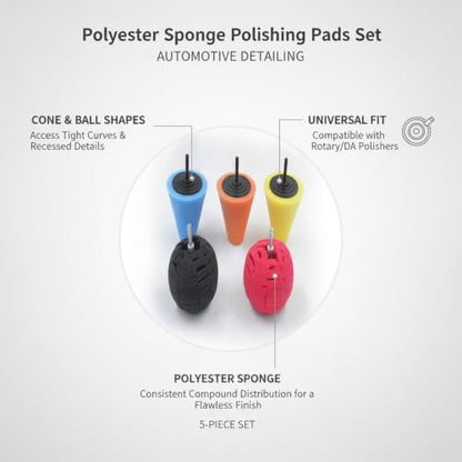 5-Piece Polyester Sponge Polishing Pad Set, Cone & Ball Shapes for Auto Detailing, Fits Rotary & Orbital Polishers, 3.15 x 4.72 in