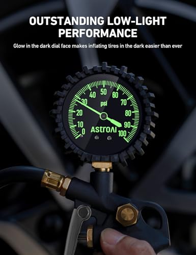 AstroAI Tire Pressure Gauge with Inflator, 100 PSI-ANSI B40.1 Accurate, Large 2.5" Easy Read Glow Dial, Heavy Duty Air Chuck and Compressor Accessories with Rubber Hose and Quick Connect Coupler - style: without case