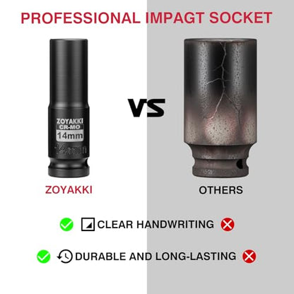 1/2" Drive 14mm Deep 6 Pt CR-MO Metric Impact Socket for Axle Nuts - size: 14mm, style: 1/2" Drive Deep
