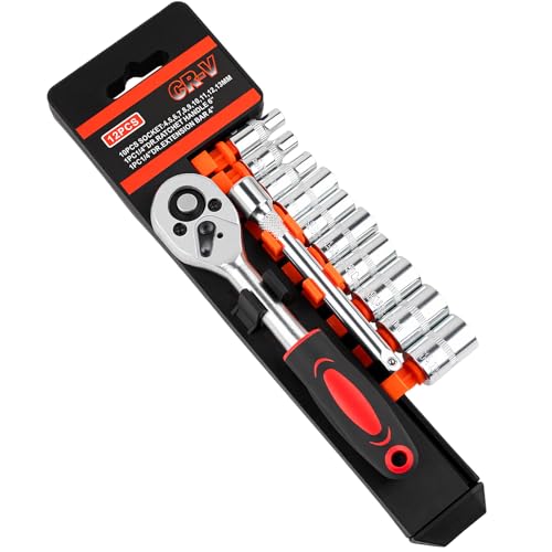 12PCS 1/4 Inch Drive Socket Set, Premium Mini Ratchet Socket Wrench Set, Small Metric Ratchet Socket Wrenches Set, with 1/4 Ratchet Extension Bar for Car, Automotive, Household Repair