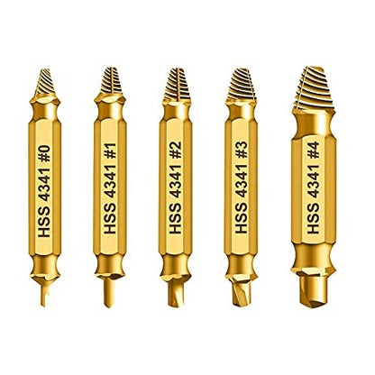 HSS 4341 Damaged Screw Extractor Set, 5-Piece Dual-Ended Drill Bit Kit, Sizes #0-#4, for Stripped, Broken, and Rusty Screws, Superb Gift for Men | High Speed Steel | Gold - style: 60326-G5
