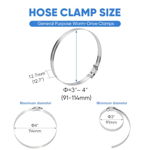TICONN 4PCS Hose Clamp Set - 3''–4'' 304 Stainless Steel Worm Gear Hose Clamps for Pipe, Intercooler, Plumbing, Tube and Fuel Line (91–114 mm) - size: SAE #60 4PCS 3''~4"