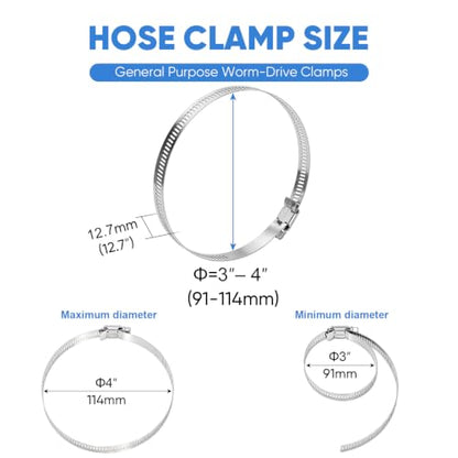 TICONN 4PCS Hose Clamp Set - 3''–4'' 304 Stainless Steel Worm Gear Hose Clamps for Pipe, Intercooler, Plumbing, Tube and Fuel Line (91–114 mm) - size: SAE #60 4PCS 3''~4"