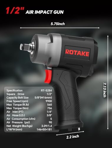 ROTAKE Compact 1/2" Air Impact Wrench, 560 ft-lbs, Twin Hammer, RT-5284 | 9900 RPM Speed, 3.09-lb Ultra-Light Body, Aluminum Hammer Case, 3-Speed Control, Auto Repair & Tight Spaces - size: 1/2" (560 ft-lbs)RT-5284
