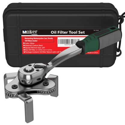 Moker Universal 3-Jaw Adjustable Oil Filter Wrench, 2-1/8 to 4-1/2 Inches | Quick Release Ratchet, Oil Filter Change Set, Ideal for Engine Filters
