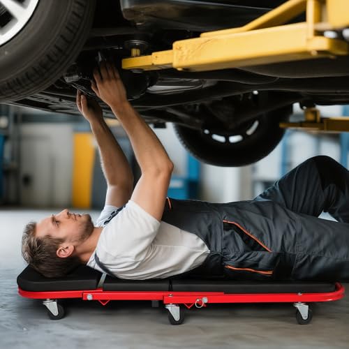 Magshion 40" Triplex Folding Creeper and Rolling Seat 2-in-1 330 lbs Capacity Foldable Mechanic Creeper Garage Stool Lay Down or Sit (Red) - color: Red, size: 40"