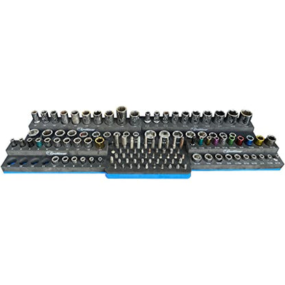 ToolGear Socket & Bit Organizer for Tool Box Drawer – Holds 80 Sockets + 50 Hex Screwdriver Bits, 1/4" & 3/8" Drive, Metric & SAE, Deep & Standard, Easy-Read Size Labels – Garage & Shop Storage Tray