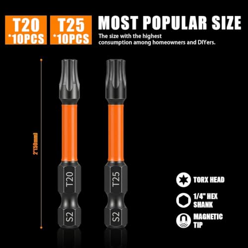 Impact Torx Bit Set T20&T25 20PCS 2”,S2 Steel Torx Bit Set with Magnetic CNC Machined Tips, Star Bits Set with Bit Holder Storage Case