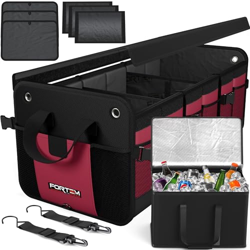 FORTEM Trunk Organizer with Cooler For SUV Car Organizer and Storage, Collapsible Multi-Compartment, Perfect Christmas Gifts For Men, Women, 1680D Oxford, Non Slip Bottom, Straps, Soft Cover 110L - color: Red, size: Double Extra Large (110L)